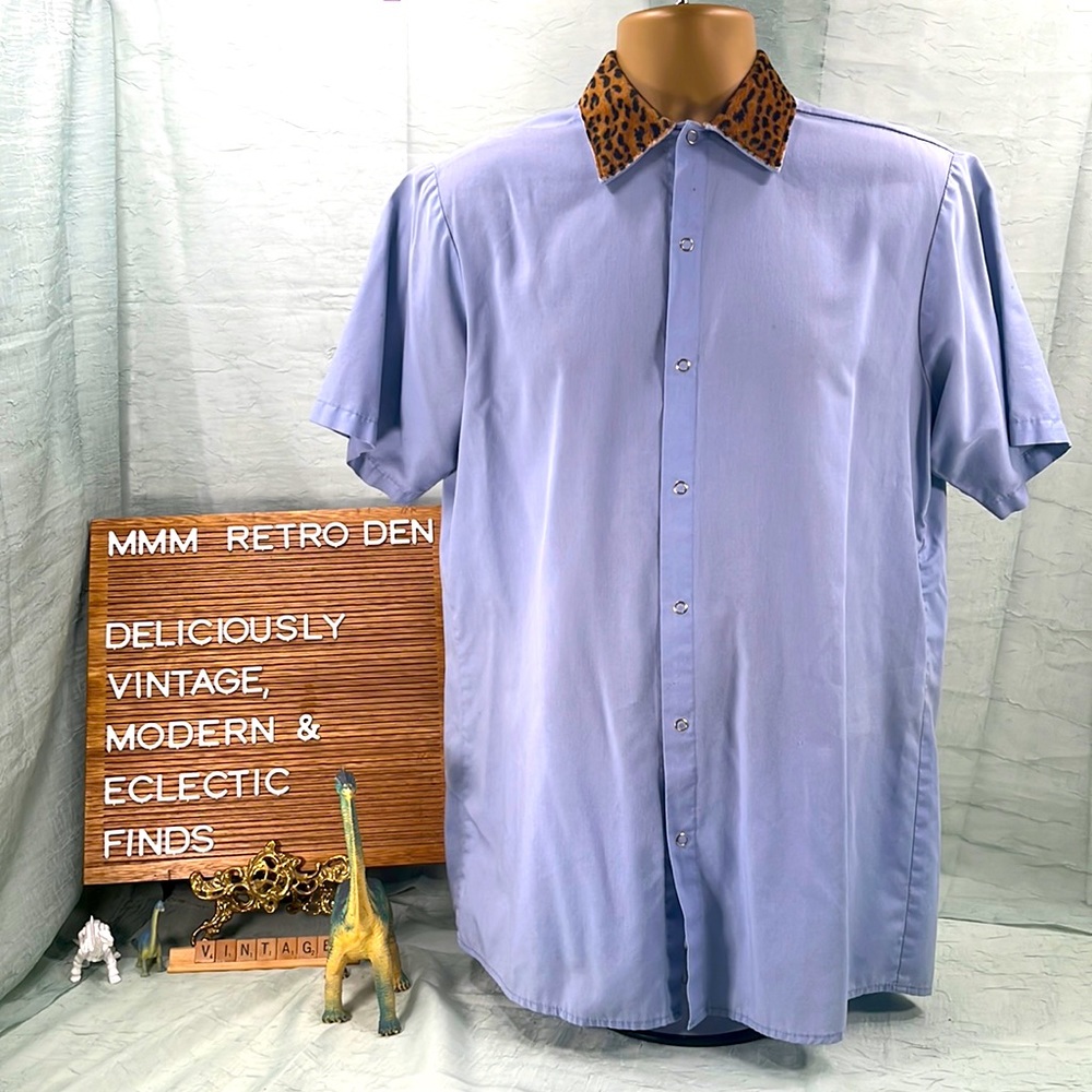 Homemade Retro Button Down Short Sleeve Shirt w/ Faux Fur Leopard Print Collar